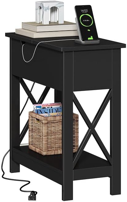 ChooChoo End Table with Charging Station, Narrow Flip Top Side Table with USB Ports & Power Outlets for Small Spaces, Bedside Table with Storage for Living Room, Bedroom, Black