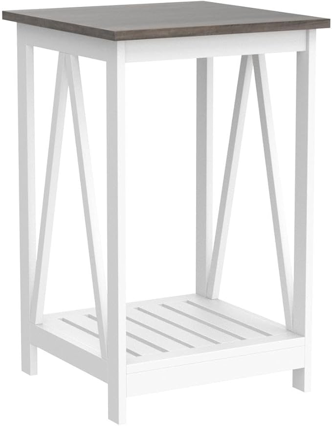 Farmhouse Square End Table, Accent Side Table with Slats Design, Sofa Side Table with Sturdy Frame for Living Room, Dark Grey