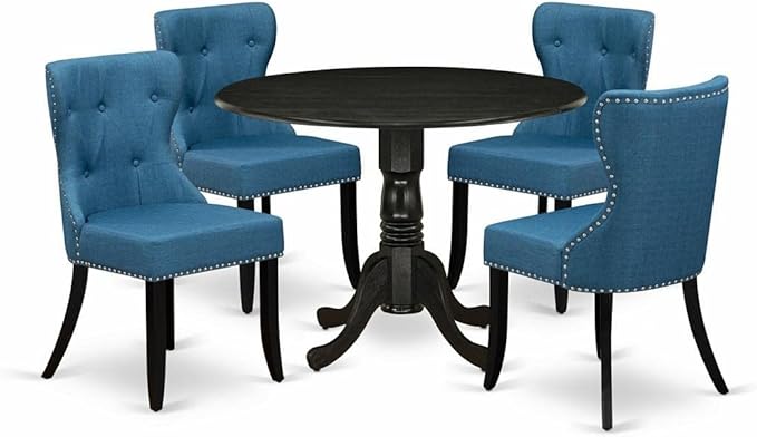 East West Furniture DLSI5-ABK-21 5 Piece Kitchen Table & Chairs Set Includes a Round Dining Room Table with Dropleaf and 4 Blue Linen Fabric Upholstered Chairs, 42x42 Inch, Wirebrushed Black