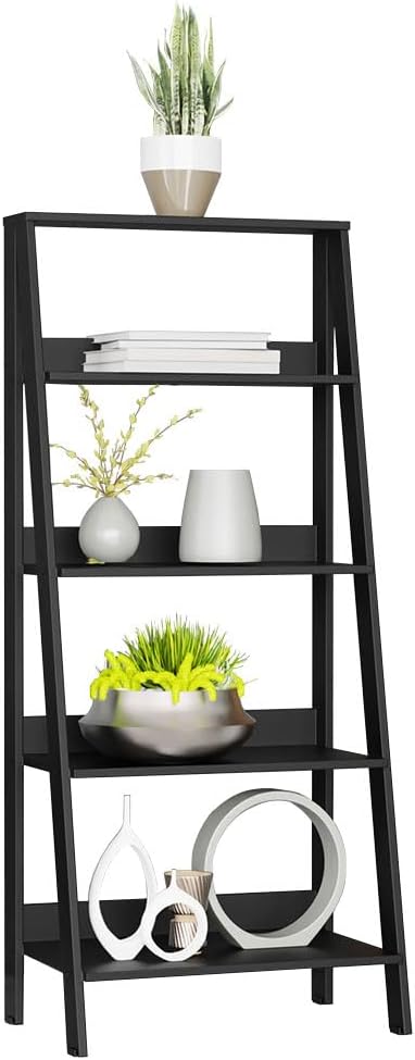 Madesa Modern 5-Tier Ladder Shelf Pantry Storage Space 24 Inch Wooden Free Standing Bookshelf Utility Shelves for Home Office Study Room and Kitchen - Black