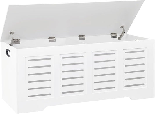 DINZI LVJ Storage Chest, 47.3” Wooden Toy Box with 2 Safety Hinges, Retro Entryway Shoe Storage Bench with Flip-Top, Sturdy Large Storage Trunk for Living Room, Bedroom, Easy Assembly, White