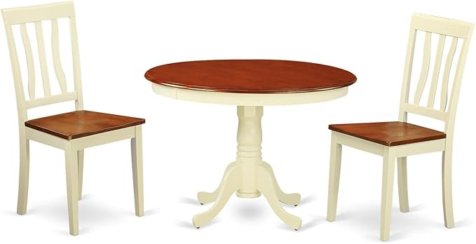 East West Furniture HLAN3-BMK-W 3 Piece Kitchen Table & Chairs Set Contains a Round Dining Room Table with Pedestal and 2 Dining Chairs, 42x42 Inch, Buttermilk & Cherry