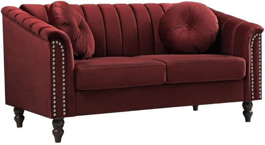 60" Loveseat Sofa, Microfiber Chesterfield Upholstered Sofas Love Seat, Couch Chair Sets with Style Button Tufted, Scroll Arms and Nailhead for Living Room, Office, Apartment-Red
