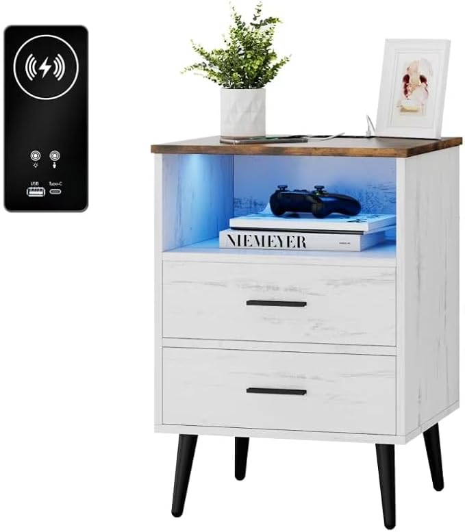Farmhouse Nightstand with Charging Station and LED Lights, 25.6" H x 17.7" W x 15.7" D Wooden End Table with 2 Drawers, Smart Bedside Table for Dorm, Apartment, Small Space, Antique White