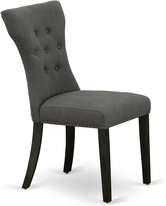 East West Furniture GAP6T50 Gallatin Parson Chairs - Button Tufted Nailhead Trim Dark Gotham Linen Fabric Upholstered Dining Chairs, Set of 2, Wirebrushed Black