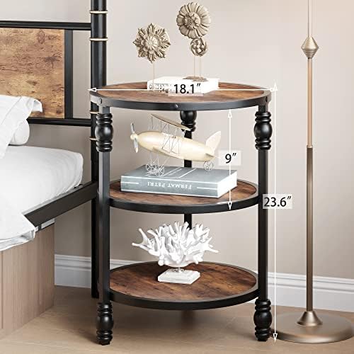GarveeHome Round End Table with Storage Shelves, 3-Tier Round Farmhouse Side Table w/Mental Support Legs, Rustic End Table Accent Nighstands for Living Room Bedroom (B, Rustic Brown)