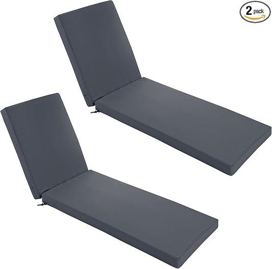 Chaise Lounge Cushions Outdoor Set of 2 - Waterproof and Fade Resistant Sun Lounger Replacement Cushions - Patio Lounger Pads with Removable Cover for Pool, Deck, 72 x 21 x 3 Inch, Dark Grey