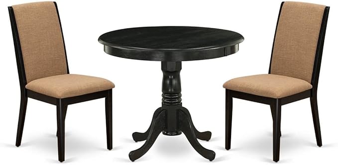 East West Furniture ANLA3-ABK-47 3 Piece Dining Room Furniture Set Contains a Round Kitchen Table with Pedestal and 2 Light Sable Linen Fabric Parson Dining Chairs, 36x36 Inch, Wirebrushed Black
