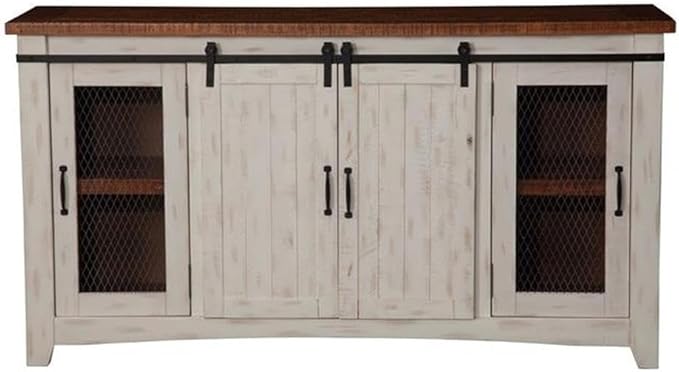 Martin Svensson Home Rustic 65” Solid Wood TV Stand with Storage, White and Aged Distressed Pine