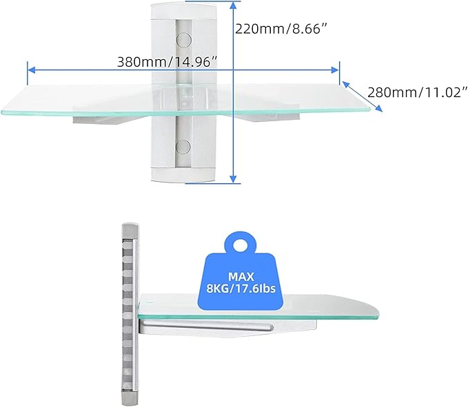 suptek Glass Floating Shelves, TV Wall Mount with Shelf for DVD Player / PS4 / Cable Boxes/Game Consoles/Sky Box/TV Accessories, Media Shelf, Flat Wall Mount Bracket, 1 Tier Shelf, Silver