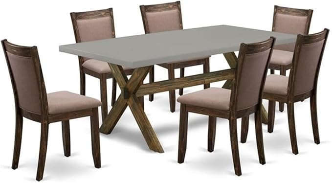 East West Furniture X797MZ748-7 7 Piece Dining Room Furniture Set Consist of a Rectangle Dining Table with X-Legs and 6 Coffee Linen Fabric Upholstered Chairs, 40x72 Inch, Multi-Color