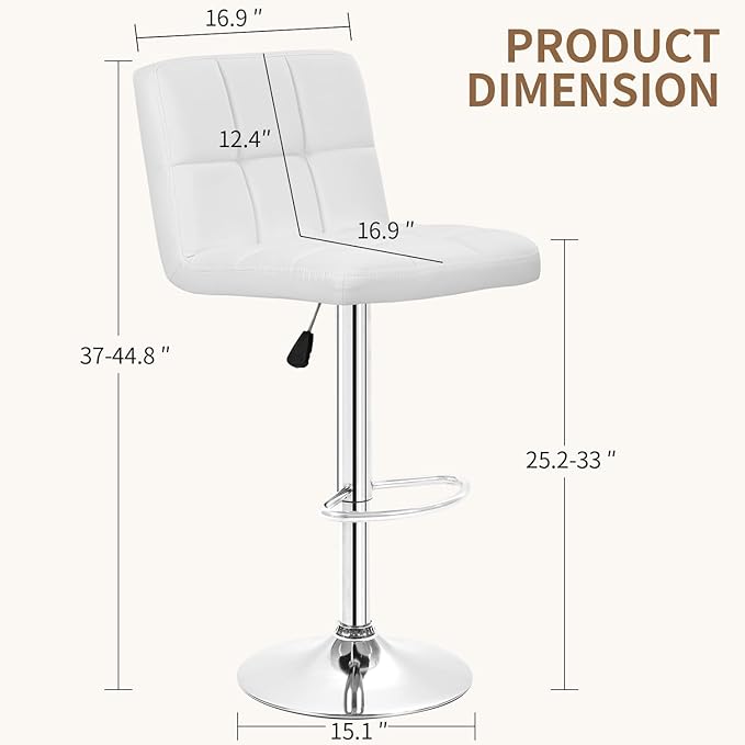 BestOffice Bar Stools Set of 2, Adjustable PU Leather Swivel Barstools, Modern Counter Stools with Back and Footrest, Counter Height Barstools for Bar, Kitchen and Dining Room