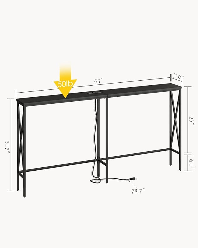 Masupu 63" Console Table with Power Outlet, Modern Narrow Long Sofa Table Behind Couch, Skinny Entry Table, Industrial Sofa Table with Metal Frame for Hallway, Living Room, Classic Black