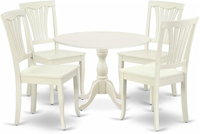 East West Furniture DMAV5-LWH-W 5 Piece Modern Dining Table Set Includes a Round Wooden Table with Dropleaf and 4 Dining Chairs, 42x42 Inch, Linen White
