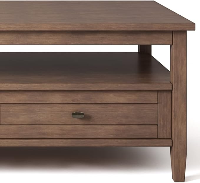 SIMPLIHOME Warm Shaker Coffee Table - 48 inch Wide Solid Wood Cocktail Table in Rustic Natural Aged Brown, Transitional Living Room Table with 2 Storage Drawers and Open Shelf for Sitting Area