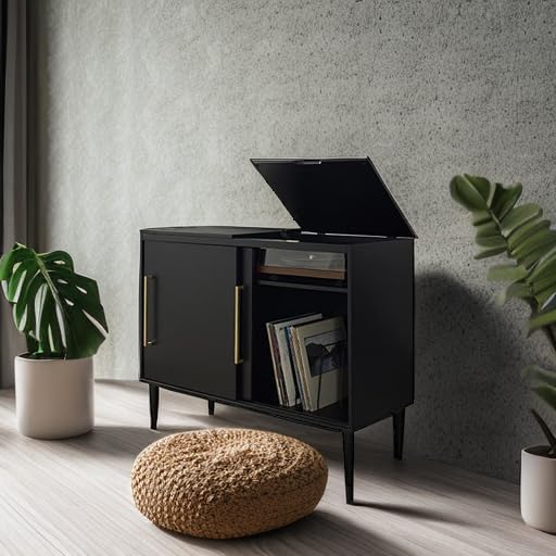 Crosley Furniture Everett Media Console and Record Player Stand with Storage for Vinyl Records, Matte Black
