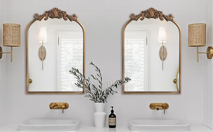 WAMIRRO Antique Mirror,Gold Traditional Vintage Ornate Baroque Arched Brass Mirrors Entryway/Fireplace/Living Room/Hallway/Bathroom 24"X36"