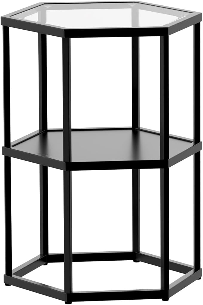 Side Table with 2-Tier Storage Shelf, Modern End Tables for Living Room Office Small Spaces, Glass Black End Table with Metal Frames, Nightstand for Bedroom, Bedside Furniture