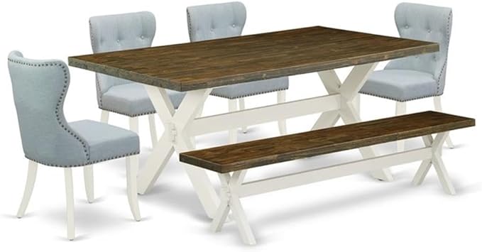 East West Furniture X077SI215-6 6 Piece Dining Table Set Contains a Rectangle Dining Room Table with X-Legs and 4 Baby Blue Linen Fabric Parson Chairs with a Bench, 40x72 Inch, Multi-Color