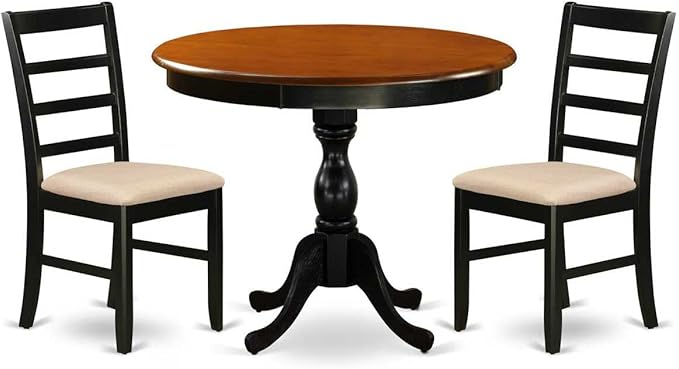 East West Furniture AMPF3-BCH-C 3 Piece Dining Table Set for Small Spaces Contains a Round Kitchen Table with Pedestal and 2 Linen Fabric Upholstered Chairs, 36x36 Inch, Black & Cherry