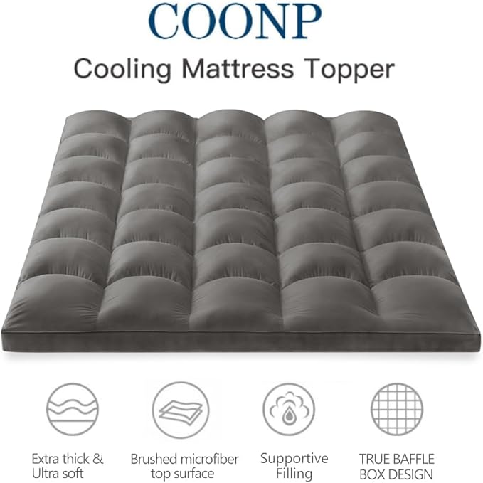 COONP Queen Mattress Topper, Extra Thick Pillowtop, Cooling Plush Mattress Pad Cover Bed Topper Protector with 8-21 Inch Deep Pocket (Grey, Queen)