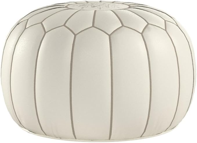 Stuffed Round Design Moroccan Leather Pouf Ottoman, Handmade, Pre-Filled, 100% Genuine Leather, 13” Height x 20” Diameter, Footstool & Living Room Décor (White with Grey Stitches)