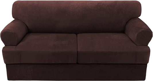 H.VERSAILTEX Sofa Cover 3 Piece T Cushion Sofa Slipcovers Thick Velvet Couch Cover Furniture Protector Stretch T Cushion Sofa Covers for 2 Cushion Couch with 2 T Cushion Covers Washable, Brown