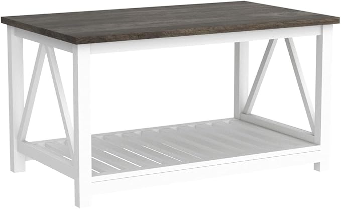Farmhouse Coffee Table, White OakCoffee Table for Living Room, 2-Tier Rectangular Wooden Centre Cocktail Table with Slats Shelf Storage and V-Shaped Frame Modern Coffee Table Dark Oak
