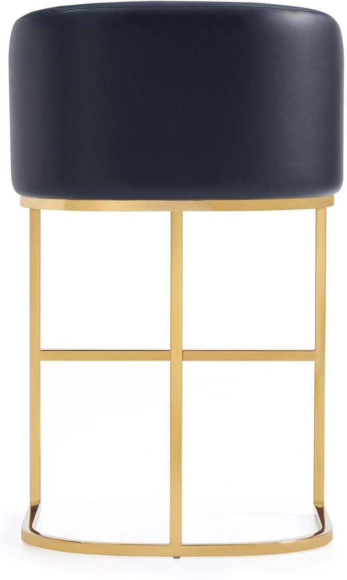 Manhattan Comfort Louvre 26 Inch Mid Century Modern Counter Height Bar Stools - Elegant Faux Leather Padded Seat, Stainless Steel Base with Footrest, Fully Assembled Barstools, Set of 3, Black & Gold
