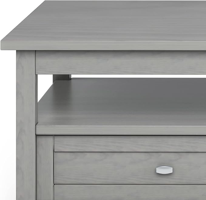 SIMPLIHOME Warm Shaker Coffee Table - 48 inch Wide Solid Wood Cocktail Table in Fog Grey, Transitional Living Room Table with 2 Storage Drawers and Open Shelf for Sitting Area or Lounge
