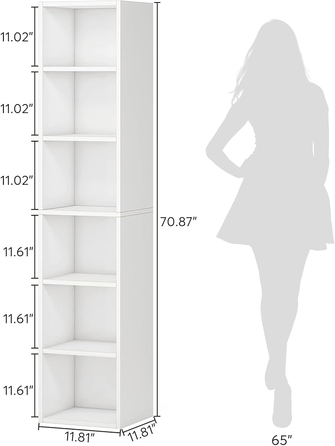 LITTLE TREE 70.9 Inch Tall Narrow Bookcase, Corner Bookshelf 6 Tier Cube Display Shelf Storage Organizer for Small Space, White