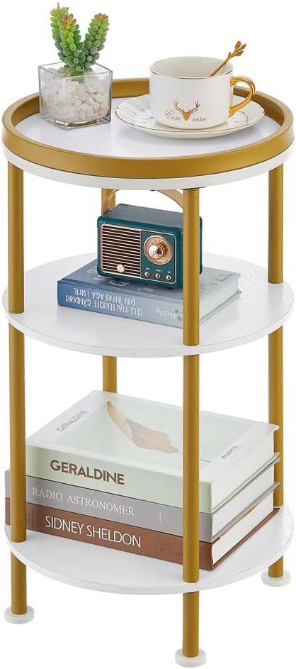 Small Round End Table with Charging Station, 3-Tier Accent Couch Beside Table with USB Ports & Power Outlets, Sofa Side Table for Living Room Small Nightstand Bedroom (Classic, White+Gold)