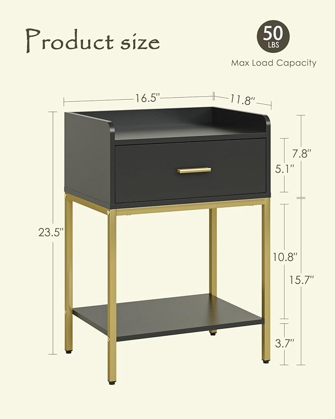 Nightstand,3-Tier Modern Night Stand,Bedside Table with Storage Drawer and Shelf,Small Side Table for Bedroom,Living Room,Black