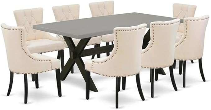 East West Furniture X697FR102-9 9 Piece Dining Set Includes a Rectangle Dining Room Table with X-Legs and 8 Light Beige Linen Fabric Upholstered Chairs, 40x72 Inch, Multi-Color