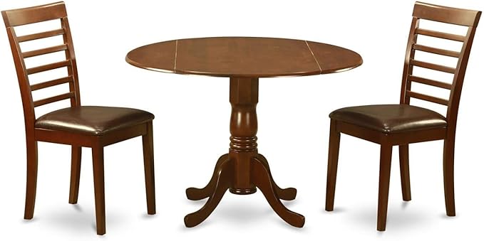 East West Furniture DLML3-MAH-LC 3 Piece Dining Room Furniture Set Contains a Round Kitchen Table with Dropleaf and 2 Faux Leather Upholstered Dining Chairs, 42x42 Inch, Mahogany