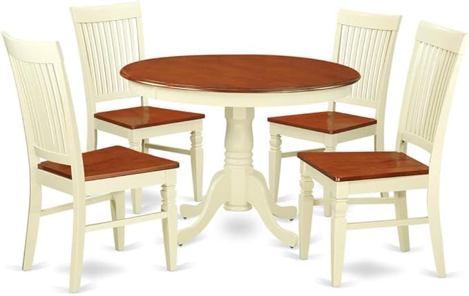East West Furniture HLWE5-BMK-W 5 Piece Dining Room Table Set Includes a Round Kitchen Table with Pedestal and 4 Dining Chairs, 42x42 Inch, Buttermilk & Cherry