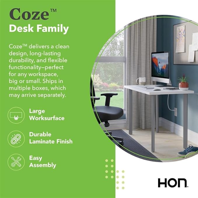 HON Coze Home Office Desks, Sturdy Table Computer Desk, 54", White Top, Silver Base
