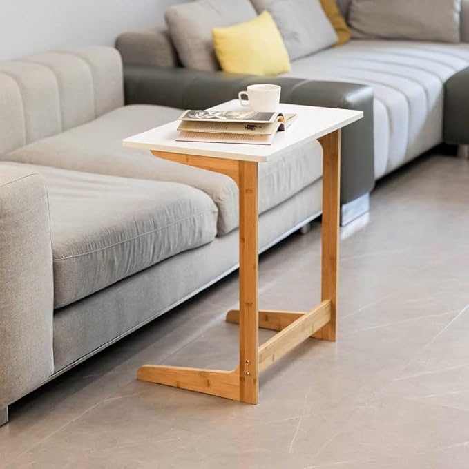 Forevich Bamboo Modern Tv Trays Table for Eating, Wood Couch Table End Snack Desk Sofa Side Table L Shaped White