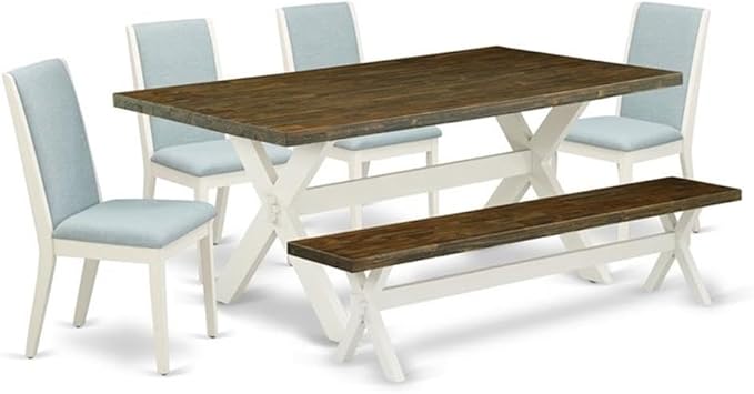 East West Furniture X077LA015-6 6 Piece Dining Set Contains a Rectangle Dining Room Table with X-Legs and 4 Baby Blue Linen Fabric Parson Chairs with a Bench, 40x72 Inch, Multi-Color