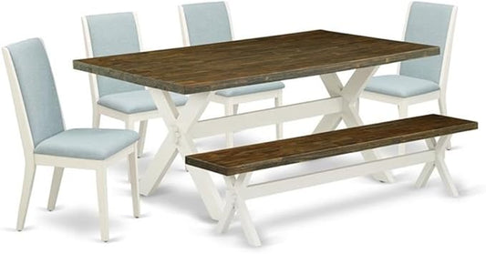 East West Furniture X077LA015-6 6 Piece Dining Set Contains a Rectangle Dining Room Table with X-Legs and 4 Baby Blue Linen Fabric Parson Chairs with a Bench, 40x72 Inch, Multi-Color