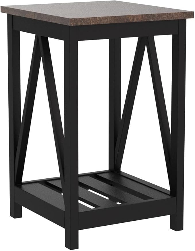 ChooChoo Farmhouse End Table, Rustic Vintage End Side Table with Storage Shelf for Small Spaces, Nightstand Sofa Table for Living Room, Bedroom Black 2 Pack