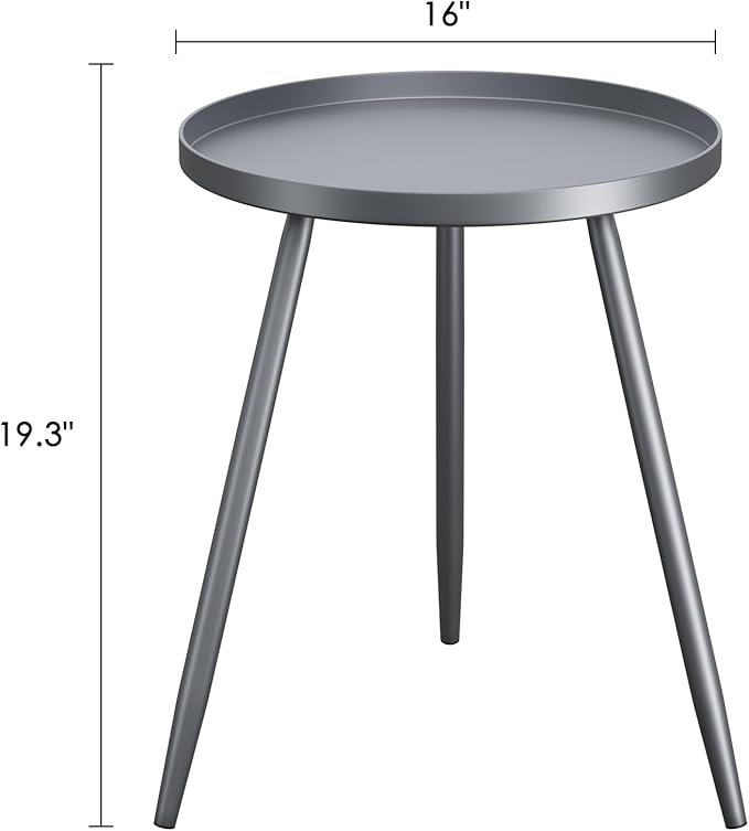 Apicizon 16" Round Side Table, Black End Table for Living Room, Bedside, Mid Century Modern Coffee or Circle Accent Table for Small Spaces, Metal Nightstand (Grey)