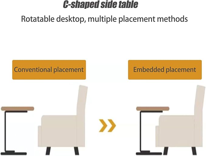 Pedestal C-Shaped Adjustable Small End Tables for Small Spaces Side Table，Desktop can Turn 360° and The Height of The Sofa Side Table can be Adjusted（Black Desktop + Black Bottom）