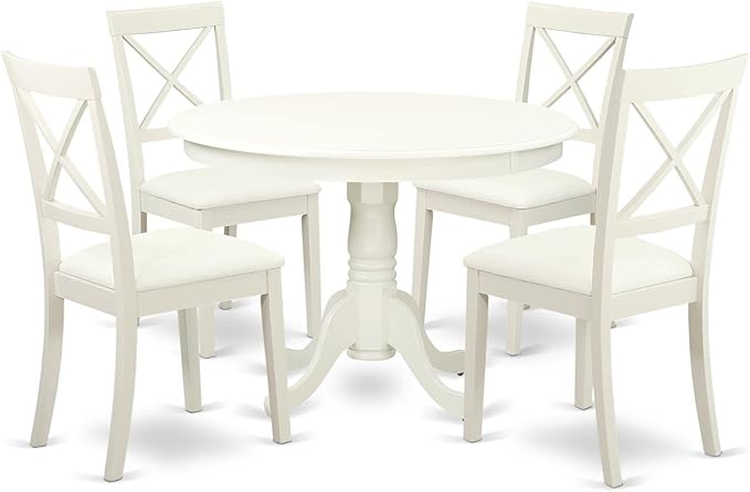 East West Furniture HLBO5-LWH-LC 5 Piece Dining Set Includes a Round Dining Room Table with Pedestal and 4 Faux Leather Upholstered Chairs, 42x42 Inch, Linen White