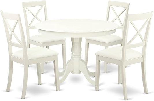 East West Furniture HLBO5-LWH-LC 5 Piece Dining Set Includes a Round Dining Room Table with Pedestal and 4 Faux Leather Upholstered Chairs, 42x42 Inch, Linen White