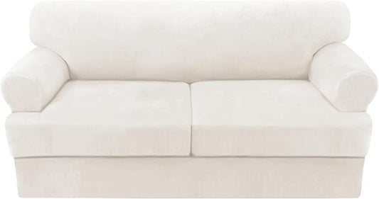 H.VERSAILTEX Sofa Cover 3 Piece T Cushion Loveseat Slipcovers Thick Velvet Couch Cover Stretch T Cushion Sofa Covers for 2 Cushion Couch with 2 Individual T Cushion Covers, Porcelain