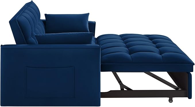 KEIKI Velvet Loveseat Convertible Sofa Bed Sleeper Chair with Adjustable Backrest, Pillows & Storage Pockets, 3 in 1 Pull-Out Couch Chaise Lounge Recliner for Living Room Balcony Bedroom, Navy