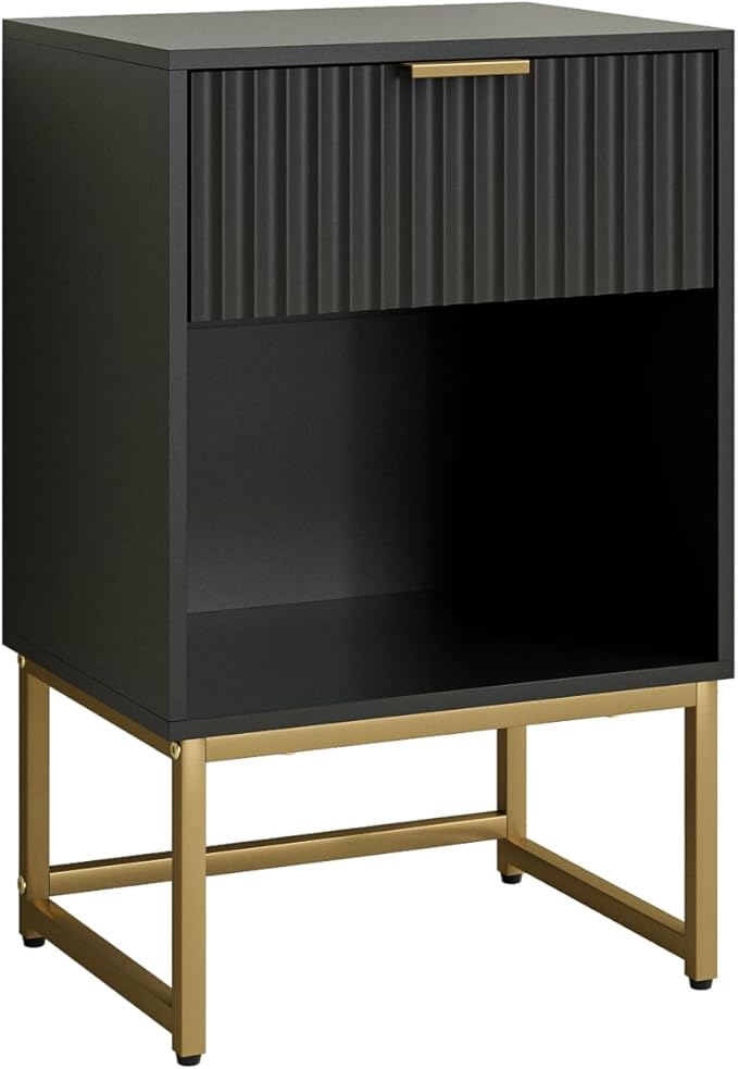 Masupu Fluted Nightstand,Modern Night Stand Wood Bedside Table with Storage Drawer Side End Table for Bedroom,Living Room,Office,Black