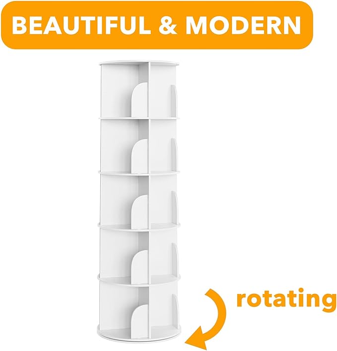 SpaceAid 5 Tier Rotating Bookshelf Tower, Spinning Bookcase Lazy Susan, Revolving 360 Book Shelf Storage Round Carousel, Vertical Rotate Turning Spiral Corner Organizer, White