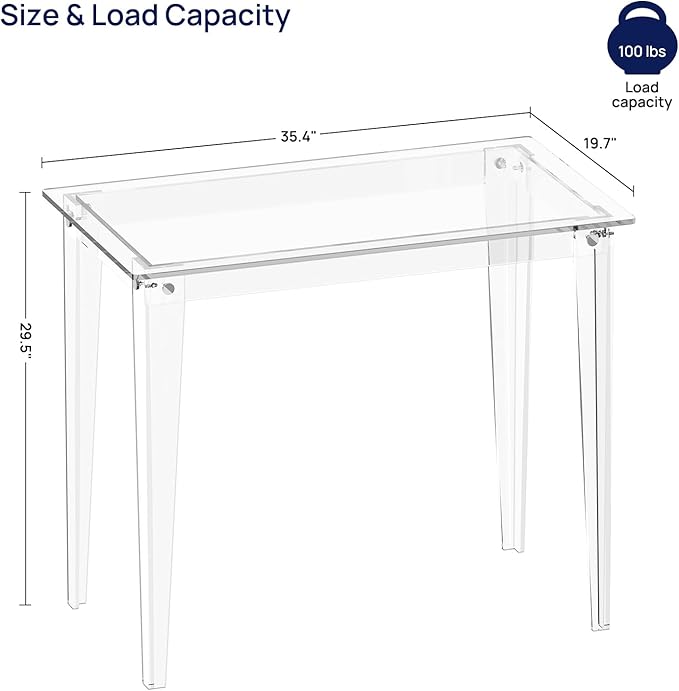 HMYHUM Small Acrylic Computer Desk, 35.4 Inch, Clear Study Desk for Home Office, Writing, Vanity, Modern, Easy Assembly, 19.7" W x 29.5" H, Right-Angle Legs Design